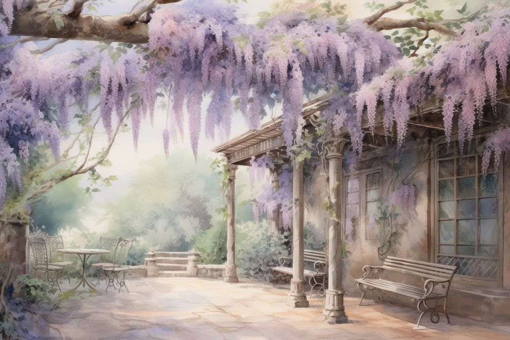 Soft vintage garden painting background architecture wisteria outdoors.