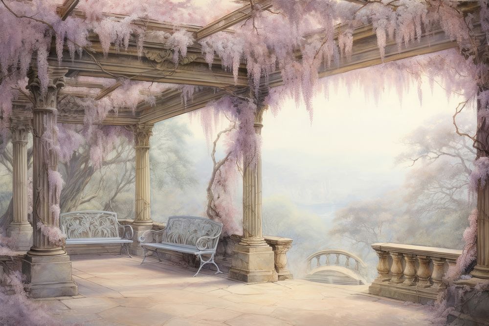 Soft vintage garden painting background architecture building outdoors.