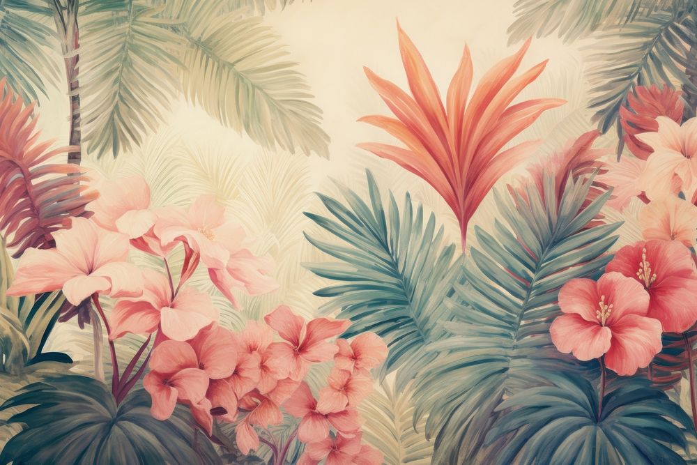 Soft vintage illustration of tropical plants backgrounds painting pattern.