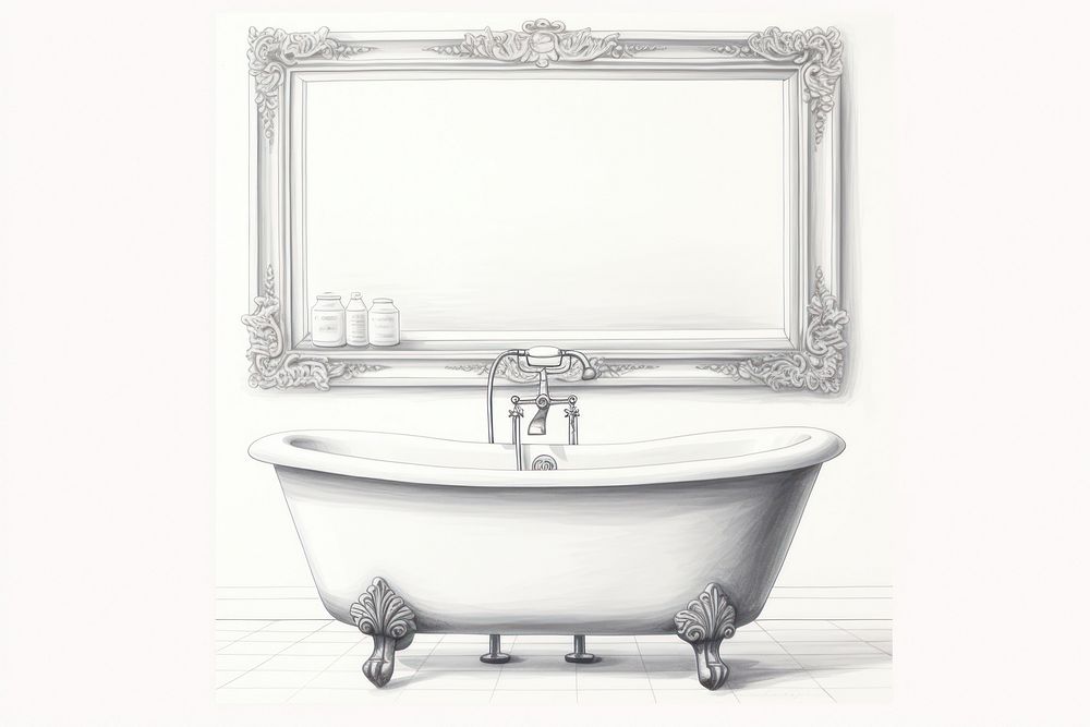 Vintage bathroom mirror reflection bathtub drawing architecture.