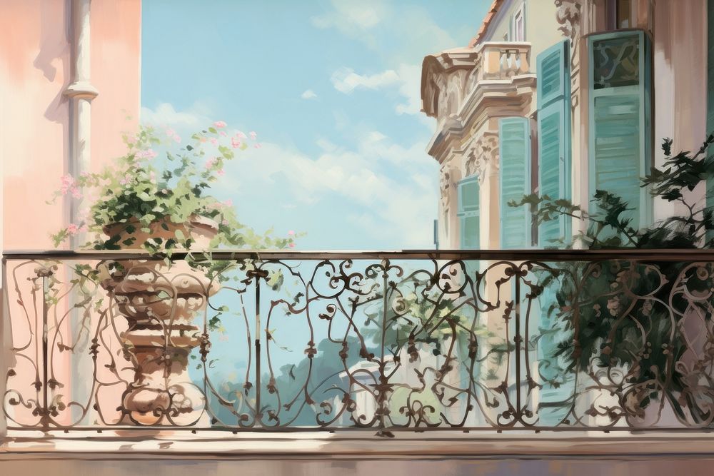 Soft vintage painting of a balcony architecture building railing.