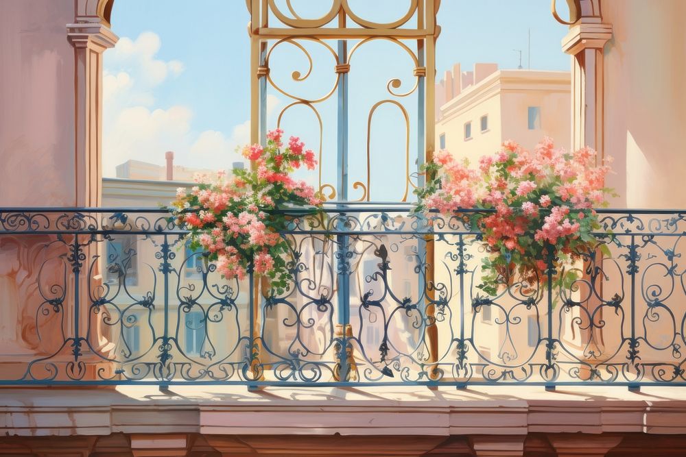 Soft vintage painting of a balcony flower architecture building.