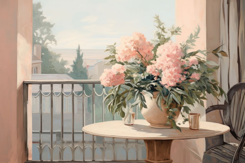 Soft vintage painting of a balcony flower architecture furniture.