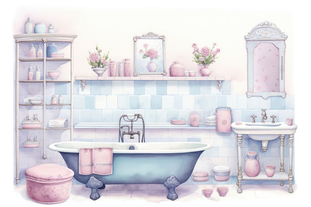 Bathroom tiles and fittings painting bathtub drawing.