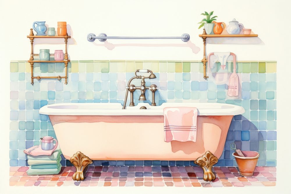 Bathroom tiles and fittings bathtub drawing sink.