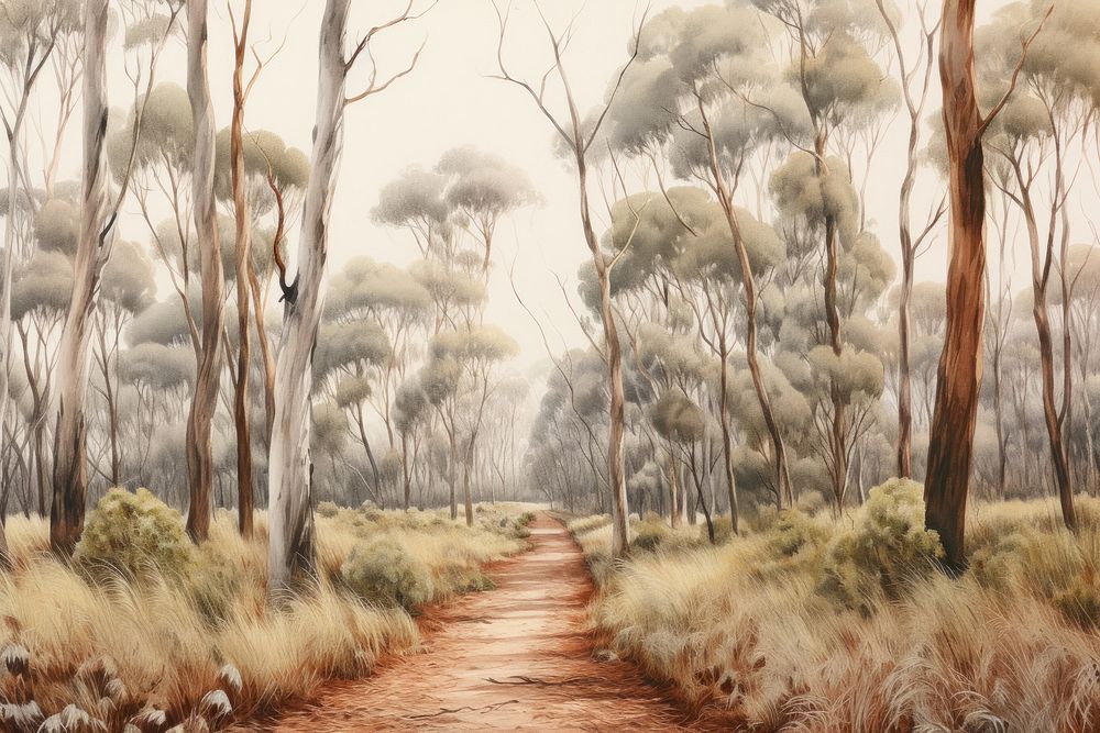 Eucalyptus forest path painting landscape outdoors.