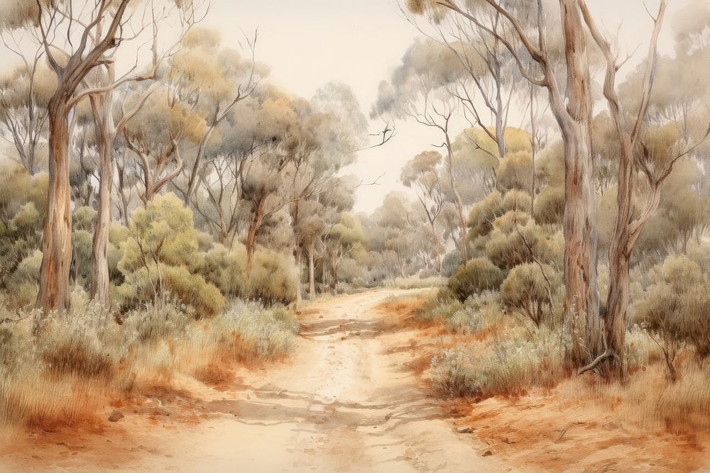 Eucalyptus forest path painting wilderness landscape.