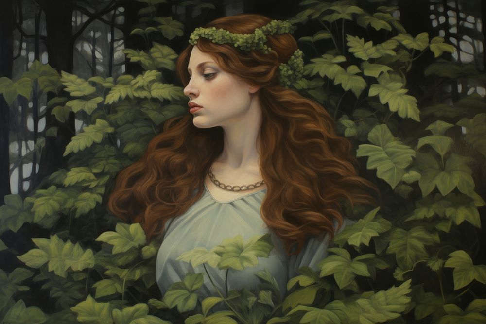 Forest background ivy and ferns painting portrait.