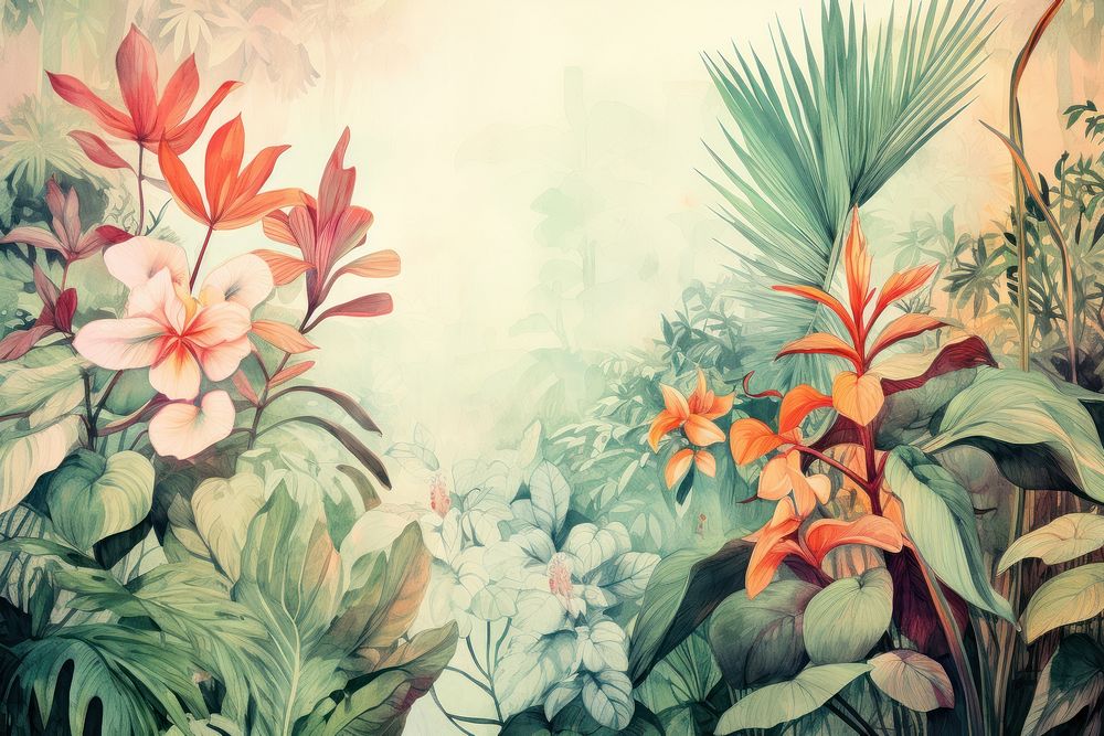 Soft vintage painting of tropical plants backgrounds outdoors pattern.