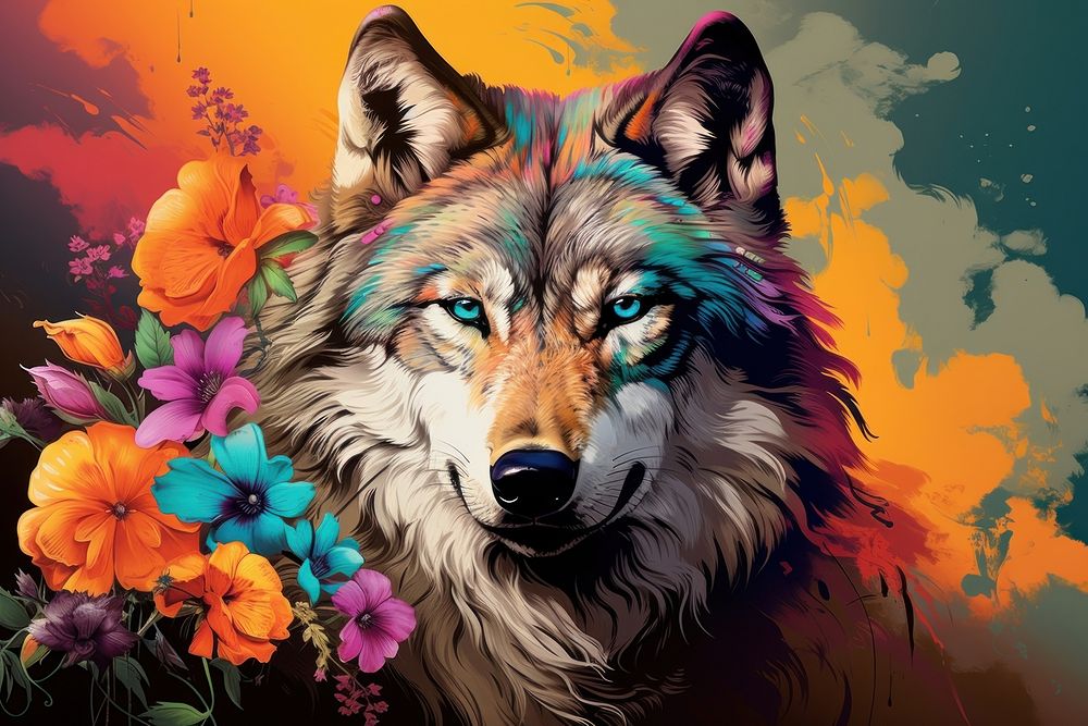 Wolf with flowers art animal mammal.