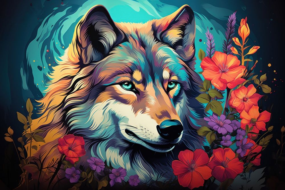Wolf with flowers art painting animal.