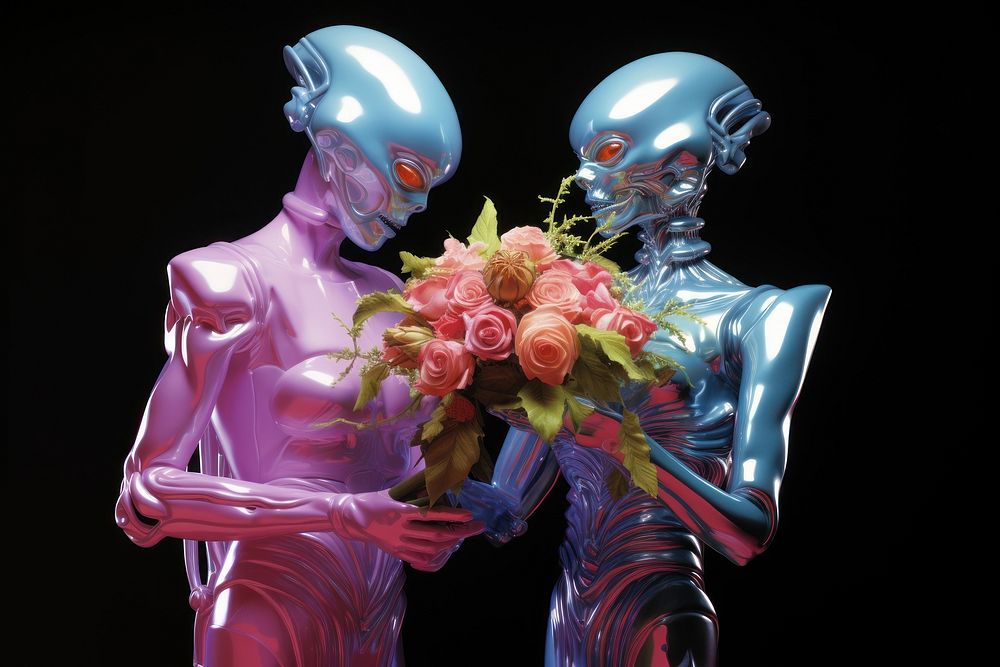 Alien wedding couple holding flower bouquet plant adult rose.