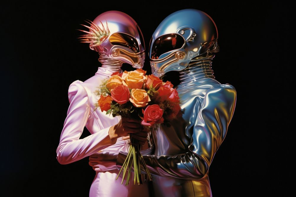 Alien wedding couple holding flower bouquet plant adult art.