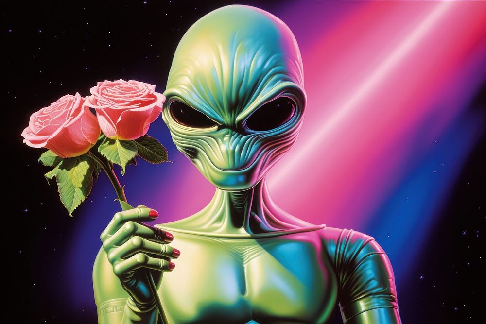 Alien astronaut holding flower plant green rose.