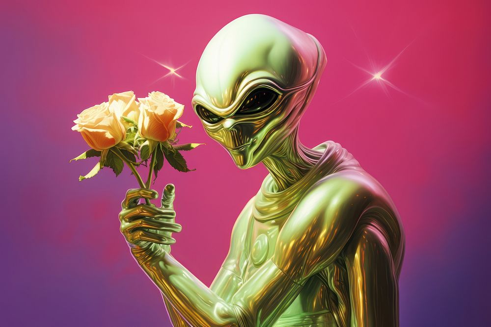 Alien astronaut holding flower plant green rose.