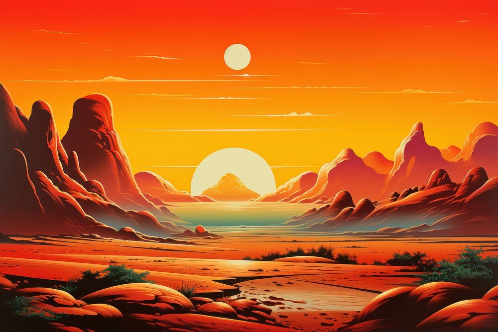 Desert landscape mountain sunlight sunset.