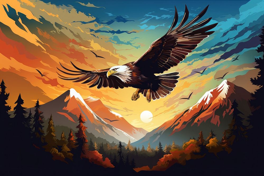 Eagle flying sky landscape art outdoors painting.