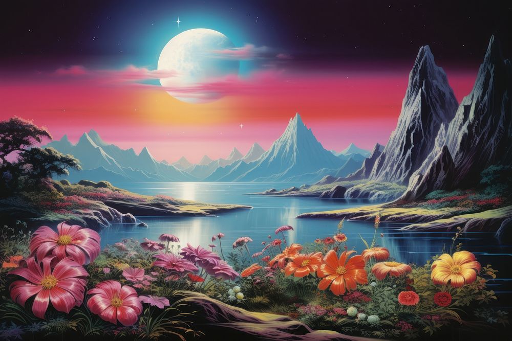 Flowers on moon landscape astronomy outdoors painting.