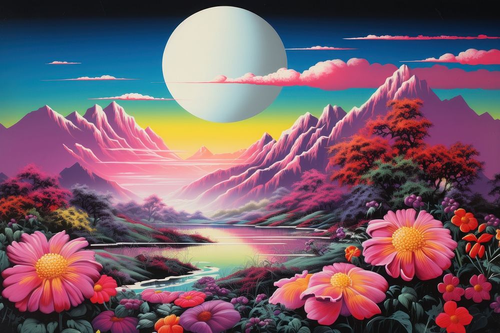 Flowers on moon landscape art outdoors painting.