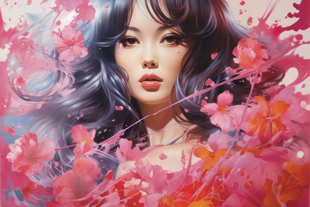 Flying sakura petals art painting portrait.