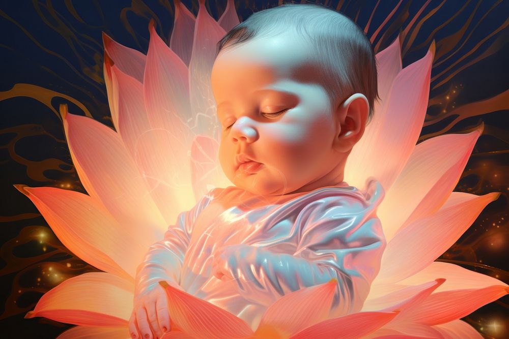 Newborn on lotus flower portrait baby art.