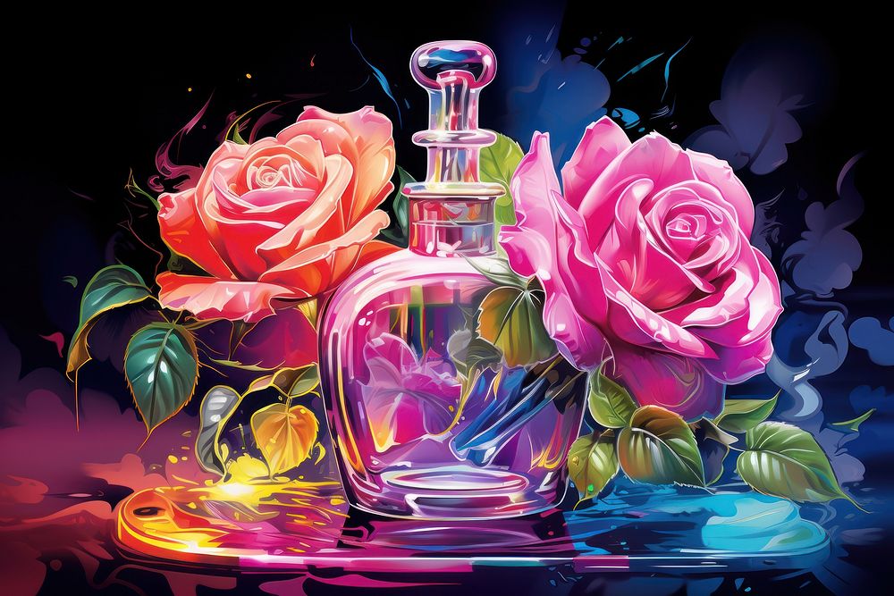 Perfume bottle with roses flower plant art.