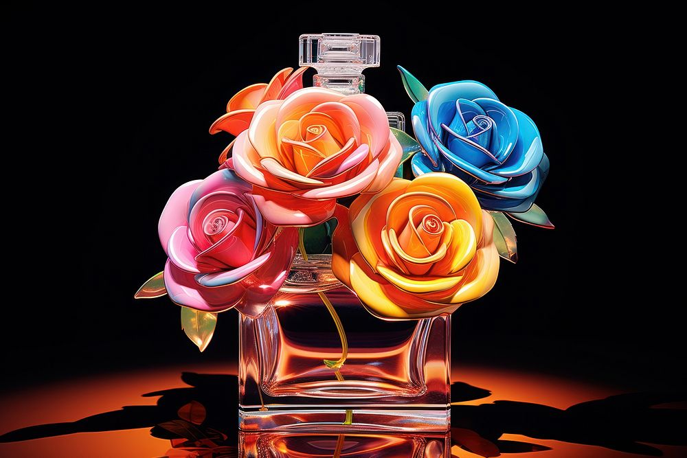 Perfume bottle with roses flower plant art.