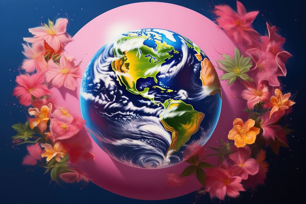 Planet earth with flowers sphere space globe.