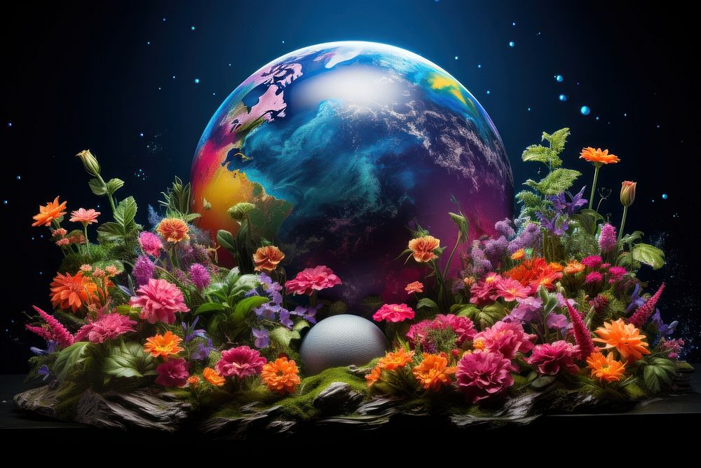 Planet earth with flowers outdoors nature sphere.