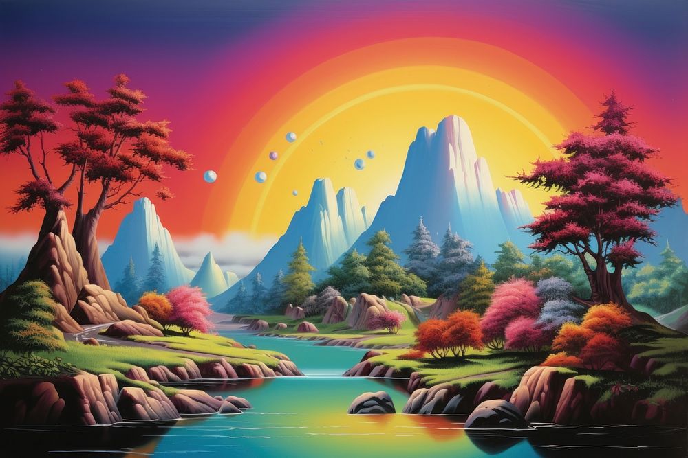 Rainbow landscape art outdoors painting.