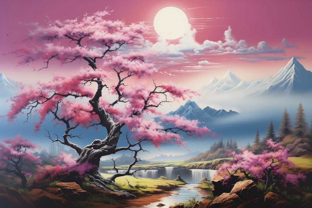 Sakura tree landscape art outdoors painting.