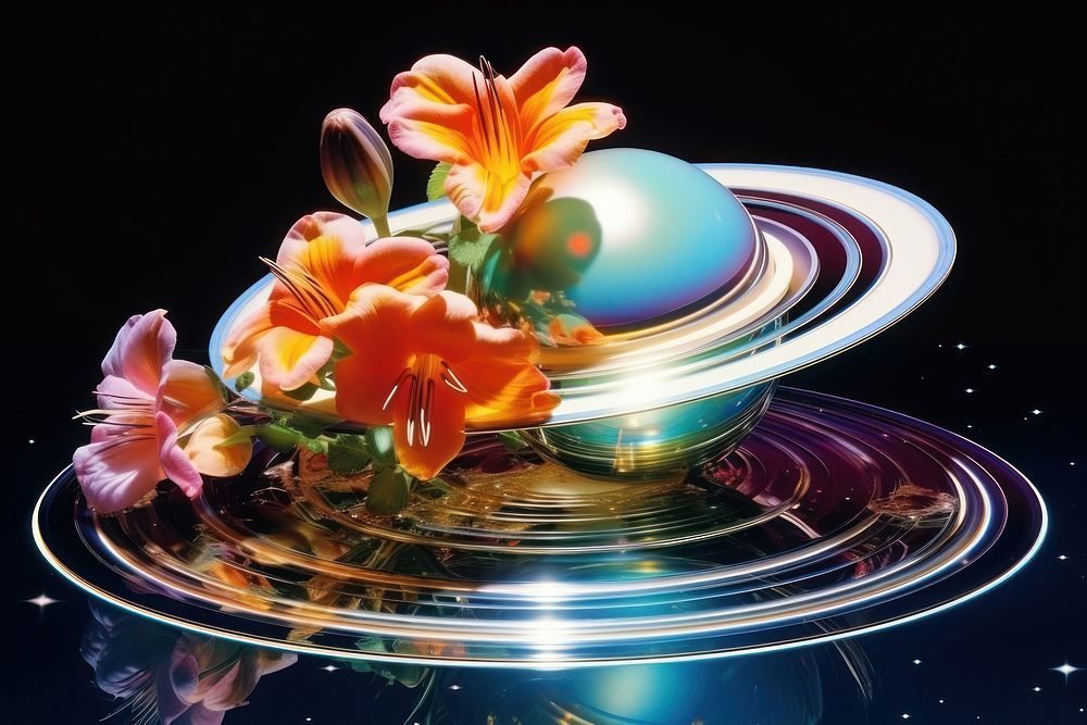 Saturn with flowers sphere nature light.