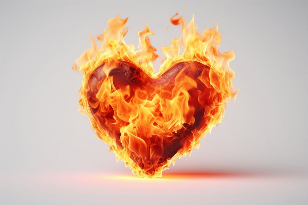 Heart on fire fireplace glowing burning.