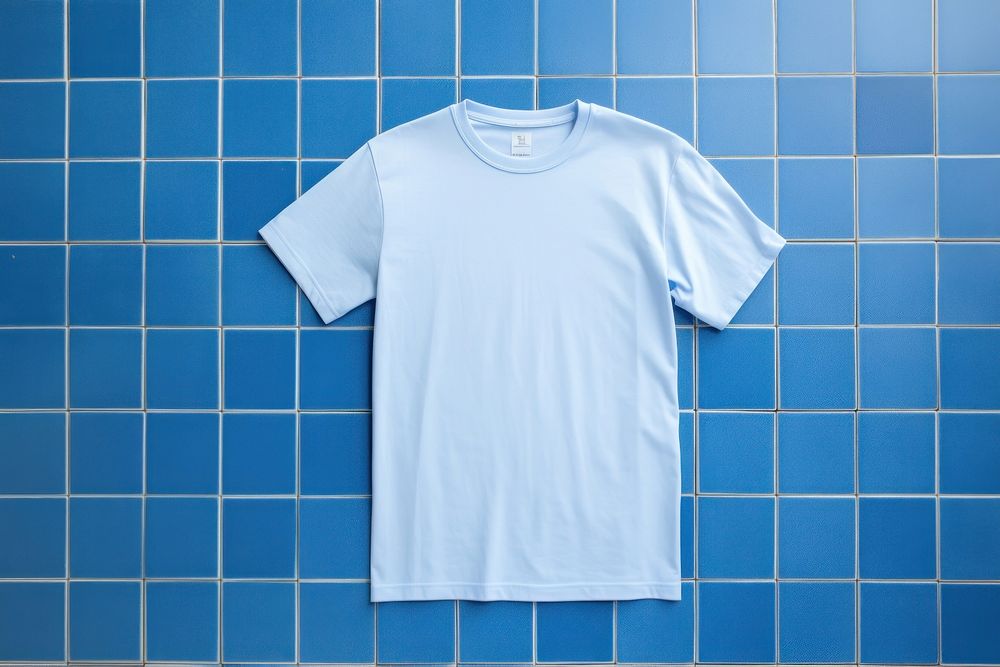 A t-shirt is on a blue tile sleeve wall coathanger.