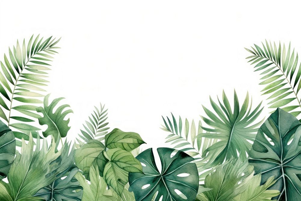 Watercolor illustration of tropical leaves border vegetation outdoors nature.