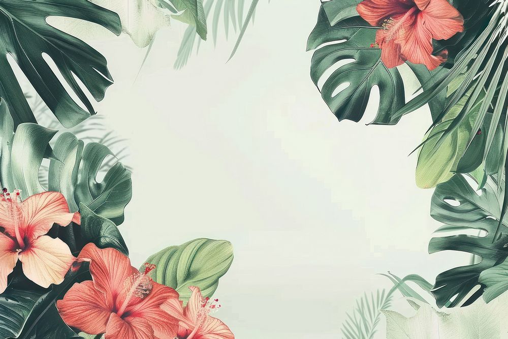 Exotic tropical flowers and leaves backgrounds hibiscus outdoors.