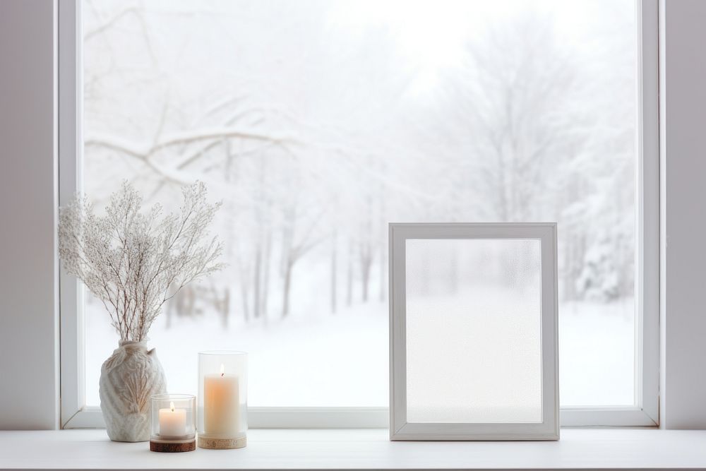 Winter snowy window windowsill candle.