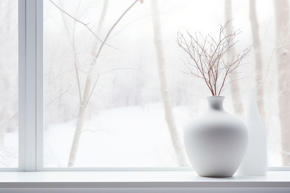 Winter snowy window vase windowsill.