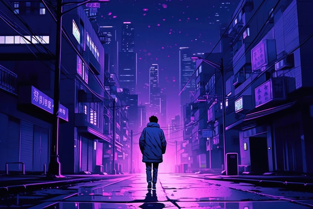 Student walking city street purple.