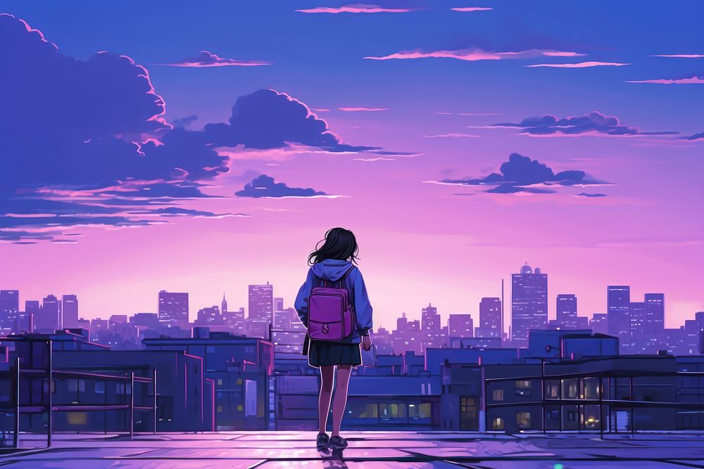 A girl student walking in the street cityscape blue sky.