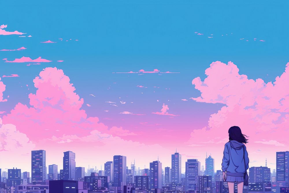 A girl student walking in the street cityscape sky architecture.