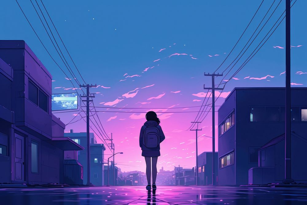 A girl student walking in the street city sky architecture.