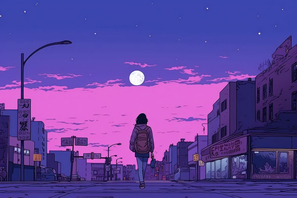 A girl student walking in the street city cityscape outdoors.