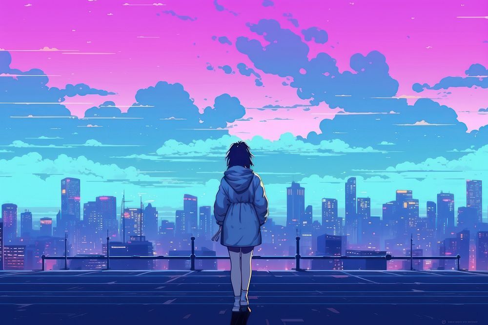 A girl student walking in the street city anime adult.