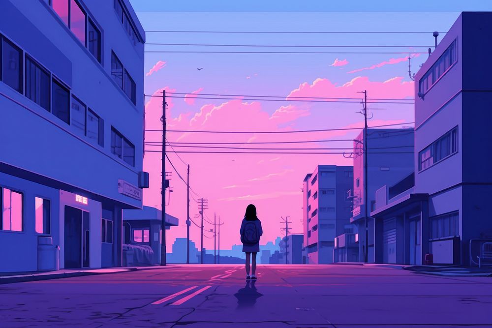 A girl student walking in the street city sky outdoors.