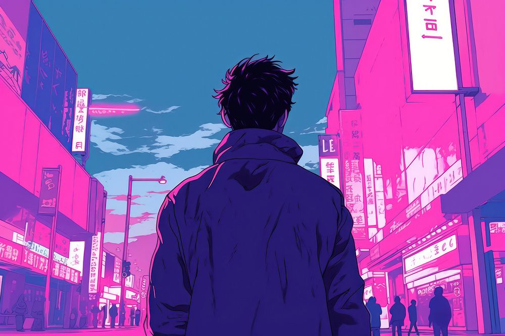 A boy student walking in the street anime adult city.