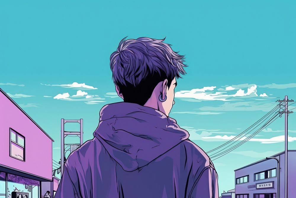 A boy student walking in the street purple anime adult.
