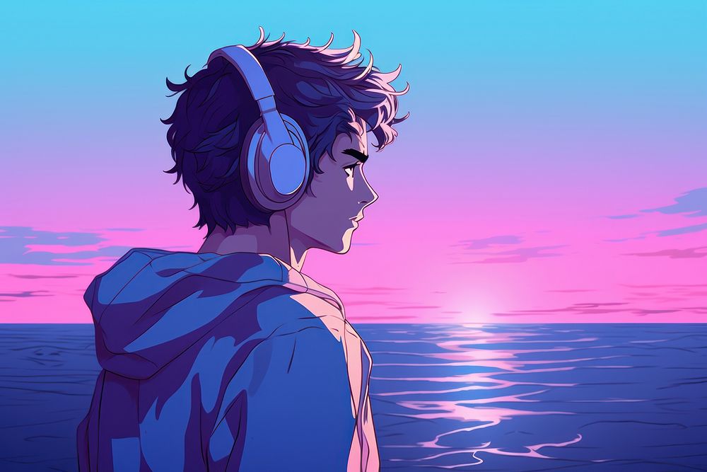 A boy student wearing earphones beach anime blue.