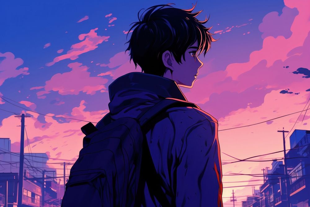 A boy student walking in the street anime adult blue.
