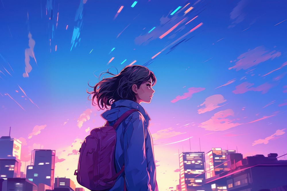 A girl student walking in the street anime adult city.